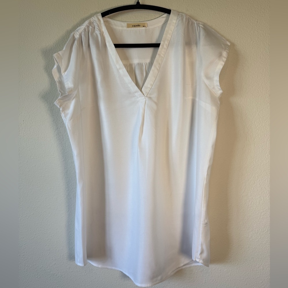 Zapelle White V-Neck Blouse Size Medium Tencel Cap Sleeve Lightweight Top